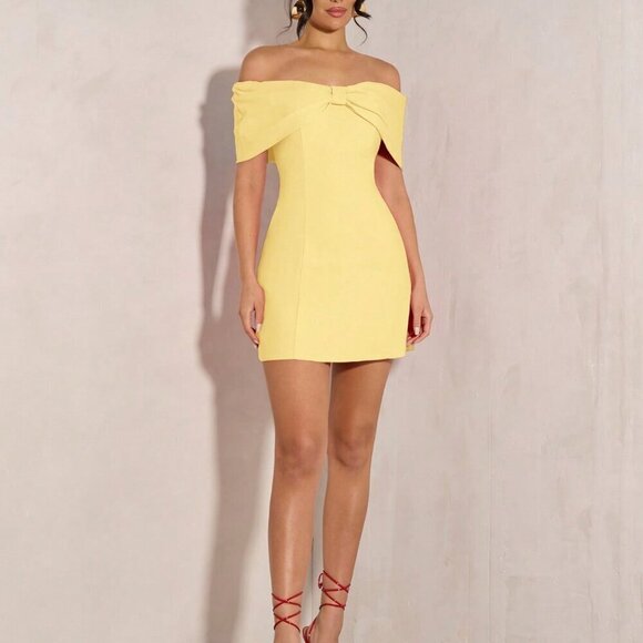 Yellow Elegant Women's Off Shoulder Bowknot Cocktail Mini Dress - Picture 4 of 7
